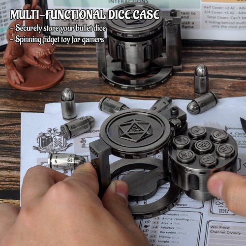CZYY Metal Polyhedral Bullet Dice Set of 7 with Spinning Revolver Cylinder Container - Cyberpunk Style Dice for Warhammer 40K, D&D, Sci-Fi, War, or Crime Theme Tabletop Games (Silver)