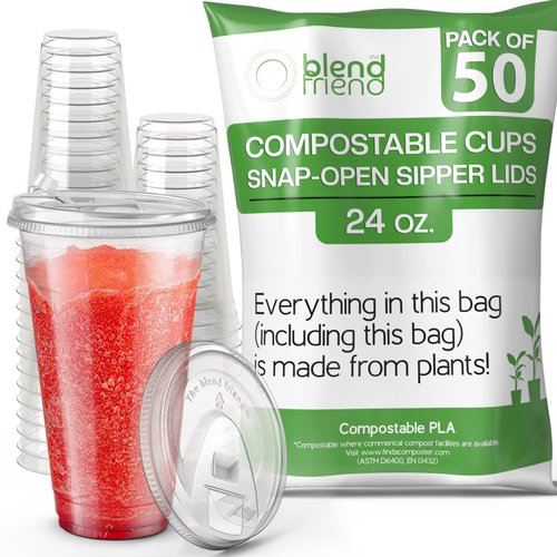 [24oz, 50 pack] Compostable Cups with Lids – Made from Plants- Cups with strawless snap-open sipper lids - Green Eco Friendly Alternative to Clear Plastic Cups with Lids…