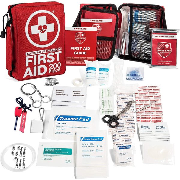 Swiss Safe 2-in-1 First Aid Kit for Car, Travel & Home, Businesses - Bonus Mini Kit for Medical Emergency Aid, Survival, Camping - FSA & HSA Eligible - 200-Piece, 1 Pk - Red - Medium