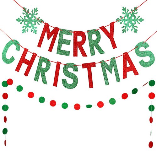Red and Green Glitter Merry Christmas Banner Merry Christmas Sign Garland Christmas Party Banner for Christmas Party Decorations, Xmas Holiday Mantle Fireplace Home Decor