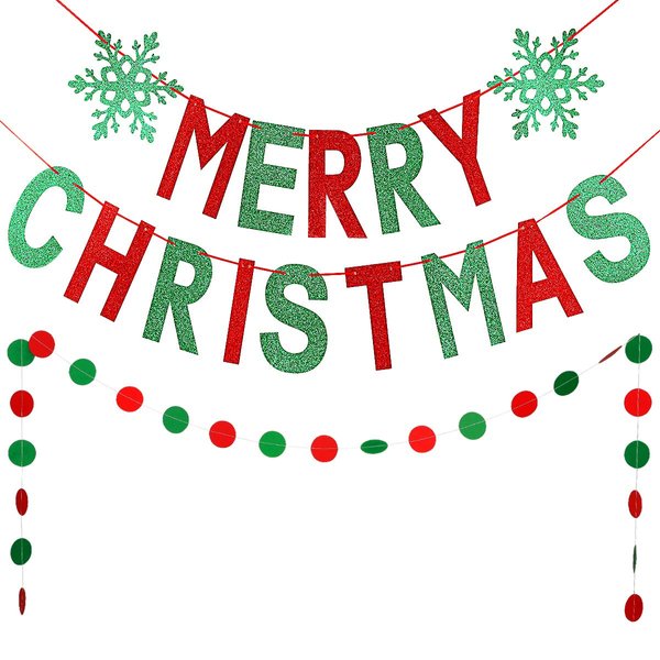 Red and Green Glitter Merry Christmas Banner Merry Christmas Sign Garland Christmas Party Banner for Christmas Party Decorations, Xmas Holiday Mantle Fireplace Home Decor