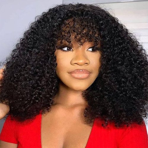 DÉBUT Glueless Bob Wigs Human Hair Short Curly Wigs with Bangs Wear and Go Kinky Curly Brazilian Hair Wigs 200% Density for Black Women 1B 14 Inches