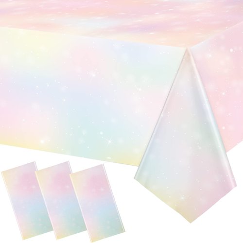 3 Pieces Pastel Rainbow Tablecloths Disposable Tablecloth Waterproof Plastic Table Cover Pastel Rainbow Party Decorations Pastel Party Supplies for Birthday Wedding Bridal Shower Party, 108 x 54 Inch