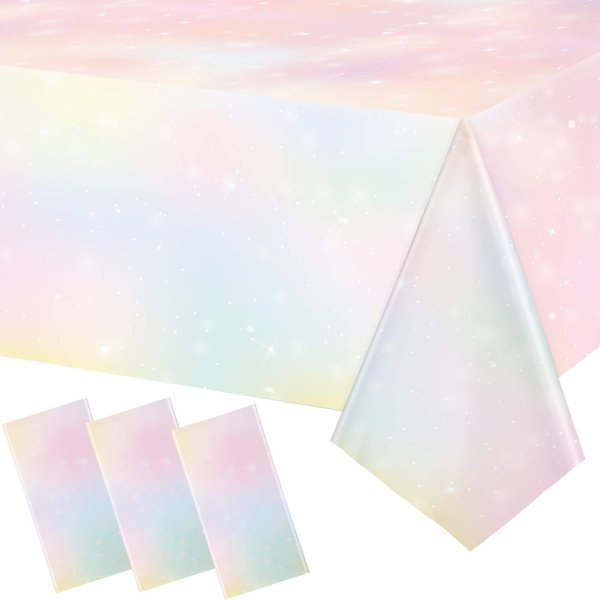3 Pieces Pastel Rainbow Tablecloths Disposable Tablecloth Waterproof Plastic Table Cover Pastel Rainbow Party Decorations Pastel Party Supplies for Birthday Wedding Bridal Shower Party, 108 x 54 Inch