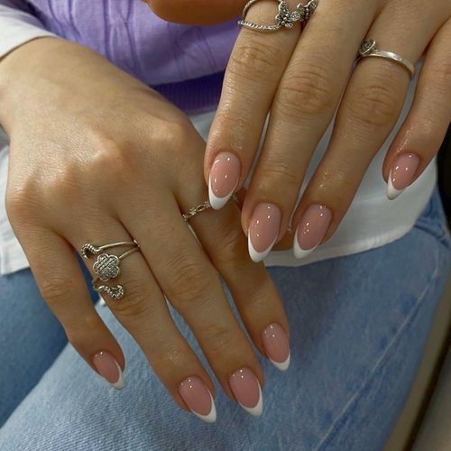 KXAMELIE Fake Nails Medium Almond Press on Nails White French Tip Nails for Women,Real Nude Glue on Nails Short Acrylic Nails Press ons,Natural Gel Stick on Nails,Strong False Nails Set