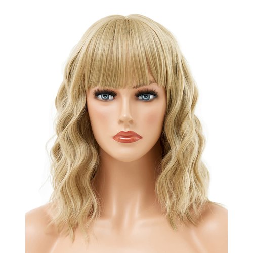 AWINGGILA Blonde Wig, Short Bob Blonde Wig with Bangs, Wavy Curly Bob Wigs for White Women, Heat Resistant Synthetic Colored Cosplay Wig