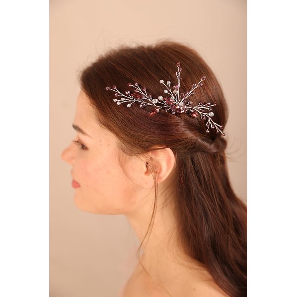 BERYUAN Red Crystal Hair Pins Red Beads Head Piece Silver Wedding Hair Accessories Bridal Hair Piece Headwear Boho Style Hair Piece for Wedding Women and Girls (RED)