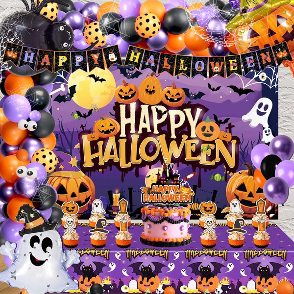 124pcs Happy Halloween Party Decorations, Halloween Party Supplies Decor for Kids, Halloween Balloon Arch Banner Cake Cupcake Topper Cutout Backdrop Tablecloth Banner Spider Web for Halloween Party