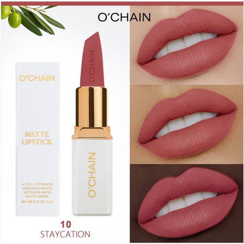 O'CHAIN Red Matte Lipstick, Long Lasting Full Coverage Non-Transfer Lipstick for Women Infused with Jojoba Oil and Vitamin E, Cruelty-Free & Vegan (10 STAYCATION) 0.12 Oz
