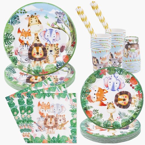 ZCPTZ Safari Jungle Birthday Party Decorations Tableware,Jungle Animals Plates Cup Napkin Straws Wild Animal Baby Shower Party Tableware Decorations Jungle Theme Party Supplies,Serves 24