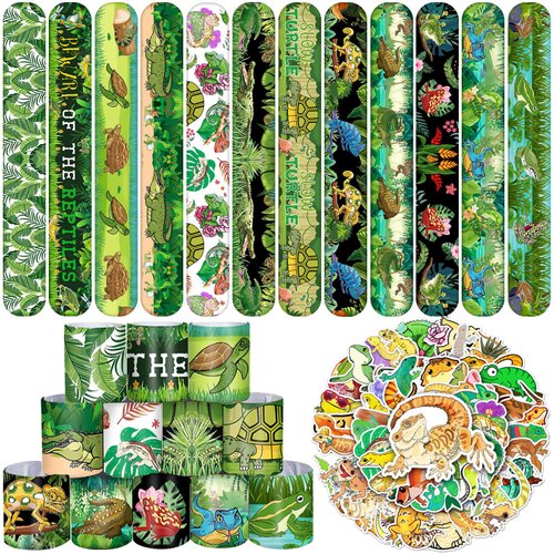 86PCS Reptile Party Favors 50PCS Reptile Stickers 36PCS Reptile Slap Bracelets Alligator Lizard Gecko Snake Turtle Snap Bracelet Reptile Stickers for Kids Reptile Party Supplies Decorations Gifts