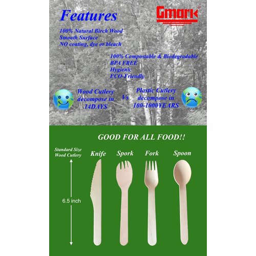 Gmark 100 ct Wooden Forks, 6.25" Length, No Plastic Earth-Friendly, Disposable Biodegradable Wooden Cutlery, Green Product (Box of 100pcs) GM1044