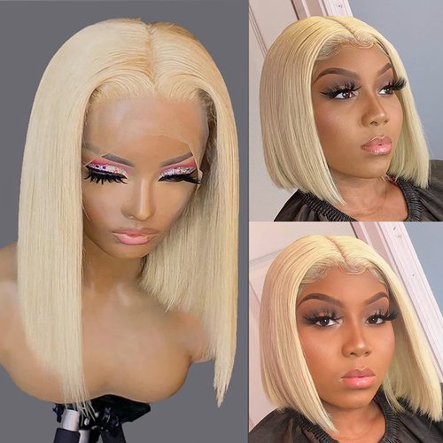 Virgin Human Hair Bob Wigs Blonde Colored Lace Frontal Wigs 150% Density Full Thick Ends T part Short Straight Glueless 14 inch Swiss Lace Bob with Natural Hairline
