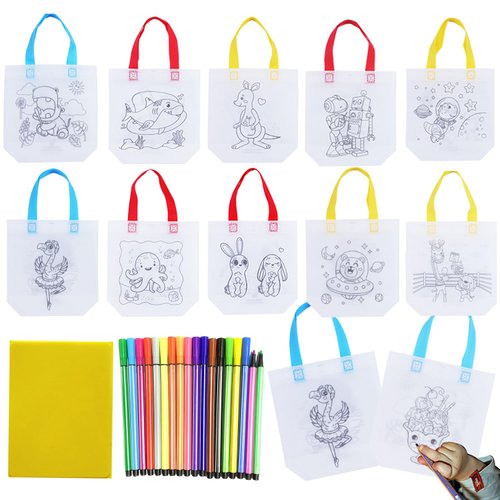 Manwetye 65 Pack Graffiti Goodie Bags for Kids Birthday Party Favors Art Class, Color Your Own Tote Bag,Eco Reusable Coloring Carnival Animal Art Party Goodie Bags(40 Bags +24 Color pens +1 pad)