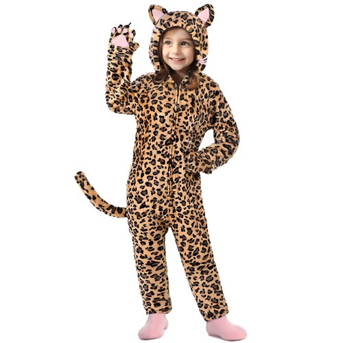 GIFTINBOX Leopard Costume Kids, Zip-Up Hooded Onesie Girls Costume, Cat Costume for Girls Dress Up, Halloween Animal Costumes for Kids 5 6 7 8 9 10 11