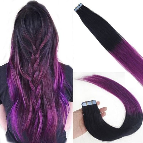 Seamless Tape in Human Hair Extensions Invisible Skin Wefts Brazilian Remy Human Hair Balayage Ombre Colors 16-24inch20pieces (Ombre Black to Purple, 16inch30gram)
