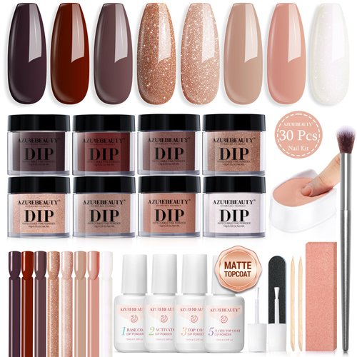 AZUREBEAUTY Dip Nails Powder Starter Kit 8 Colors with Nail Sticks, Nude Brown Giltter Shimmer Set, Nail Art Base Glossy Matte Top Coat Activator Essential Liquid Manicure DIY Salon 30 PCS