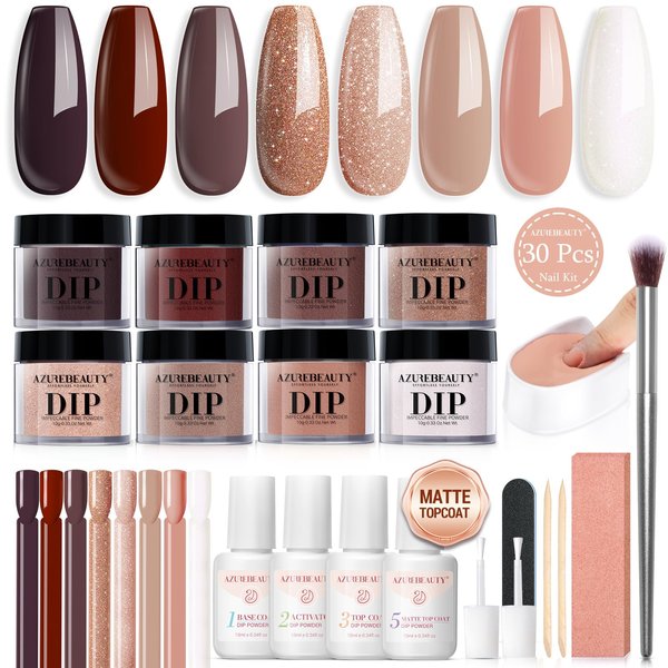 AZUREBEAUTY Dip Nails Powder Starter Kit 8 Colors with Nail Sticks, Nude Brown Giltter Shimmer Set, Nail Art Base Glossy Matte Top Coat Activator Essential Liquid Manicure DIY Salon 30 PCS