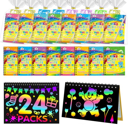 ZMLM Kid Art Party Favors Gifts: Rainbow Scratch Art Notebook Paper 24 Pack Birthday Party Favor Toy Girls Boys Art Craft Kit Bulk Classroom Prizes Stocking Stuffers Halloween Christmas Gift