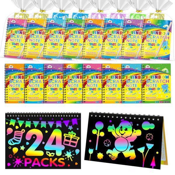 ZMLM Kid Art Party Favors Gifts: Rainbow Scratch Art Notebook Paper 24 Pack Birthday Party Favor Toy Girls Boys Art Craft Kit Bulk Classroom Prizes Stocking Stuffers Halloween Christmas Gift