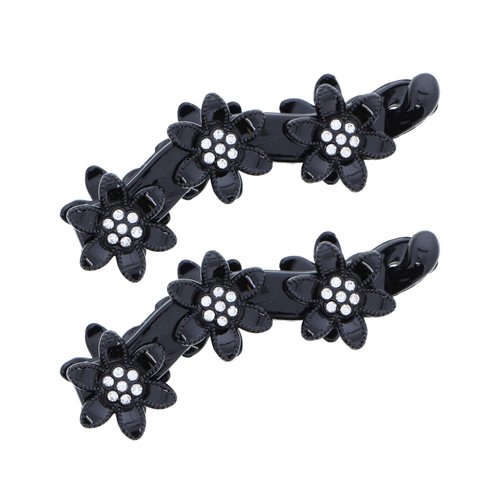 Black Flowered Banana Clip with Diamonds - Set of 2