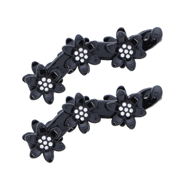 Black Flowered Banana Clip with Diamonds - Set of 2