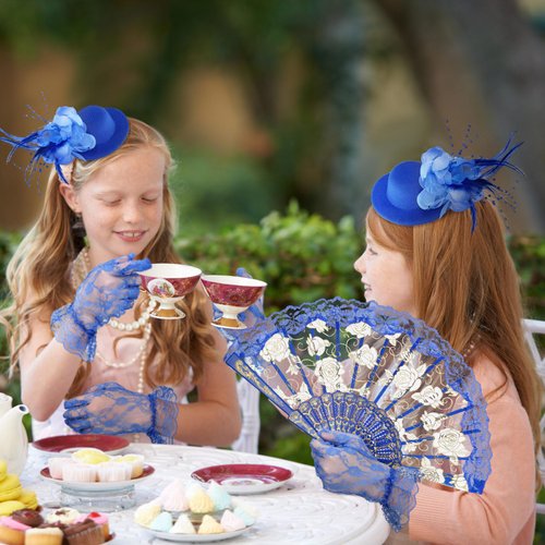 Sintege 4 Pcs Girls Tea Party Supplies Set Tea Party Gloves Hats Girls Tea Party Necklace Fan for Girls Tea Party Favor(Royal Blue)