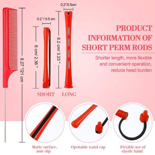 60 Pieces Short Hair Perm Rods Cold Wave Rods Plastic Perming Rods Hair Curling Rollers Curlers with Steel Pintail Comb Rat Tail Comb for Hairdressing Styling Supplies (0.2 Inch, Red)