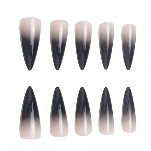 SINHOT Stiletto Press on Nails Extra Long Fake Nails with Glue Glossy False Nails with Black Gradient Designs Full Cover Almond Acrylic Nails 24pcs