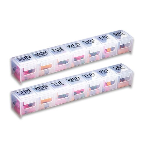 GMS Weekly Pill Organizer - 7-Day Labeled Compartment Pill Case for Supplements, Vitamins and Medication - Secure Latches - Ideal for Daily Use & Travel - Clear - 2 Pack