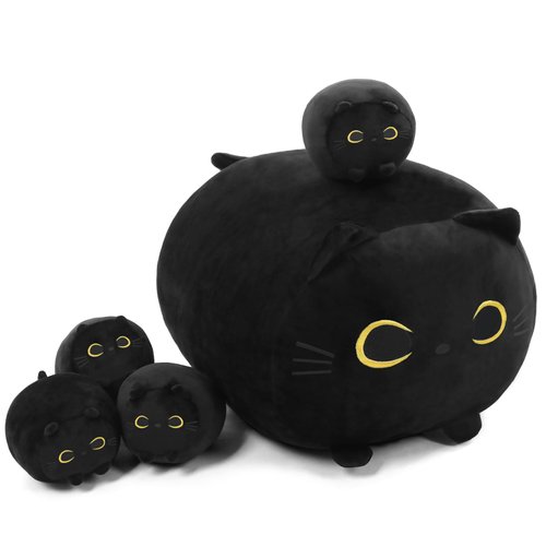 TOYSYM Black Cat Stuffed Animal Mommy Cat Plush Toys with 4 Squishy Baby Black Cat in her Tummy Soft Cute Hugging Pillows for Boys and Girls