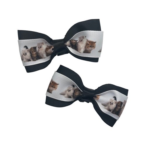 Kitten Print Girls Hair Bow Set, Little Girl Bows, Pigtail Hair Bows, Toddler Hair Bows,