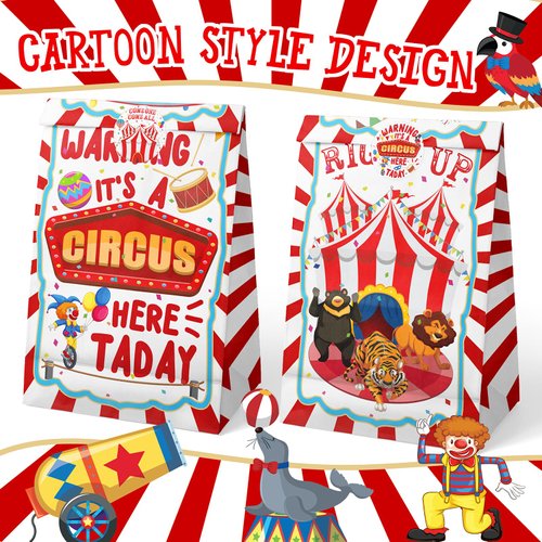 HaPiBiDesign Circus Party Favor Bags - 24 Pcs Carnival Party Candy Bags with Stickers - Carnival Goodie Gift Treat Bags - Watercolor Circus Themed Birthday Party Supplies