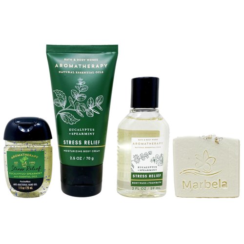 Bath & Body Works Aromatherapy Stress Relief Eucalyptus Spearmint - 3 Pack - Body Cream, Body Wash + Foambath and Hand Gel with a Natural Oats Sample Soap.