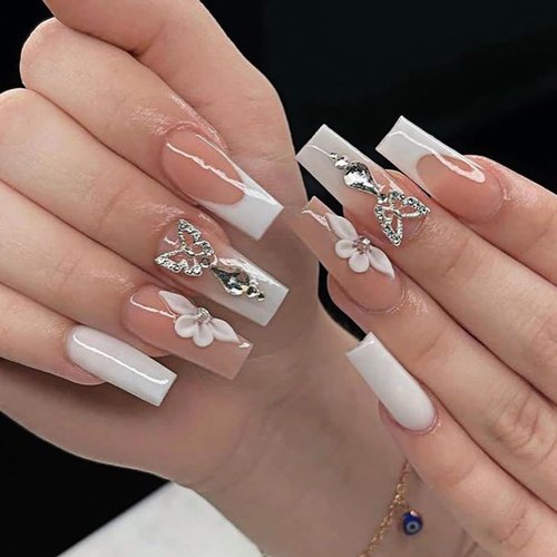 Coffin Press on Nails Medium Long Square Nude Pink Fake Nails White Flower Rhinestones with Butterfly Nail Charm Nail Art Designs French Tip False Nails for Women Acrylic Manicure Decorations 24Pcs