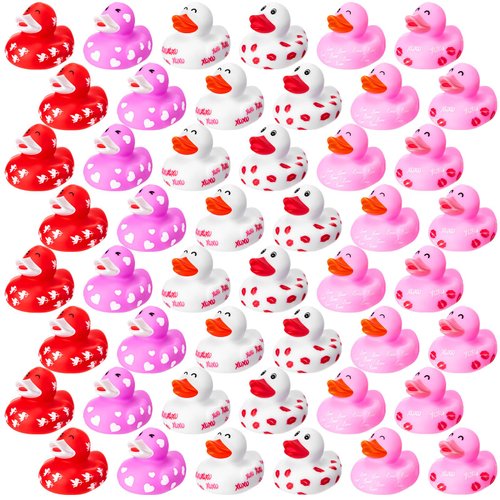 Foilswirl 48 Pcs Valentine Rubber Ducks Baby Showers Accessories 2.2 Inch Heart Valentines Day Duck Mini Duckies Bath Toys for Festival Gifts Party Favor Classroom Goodie Bag Fillers, 6 Styles