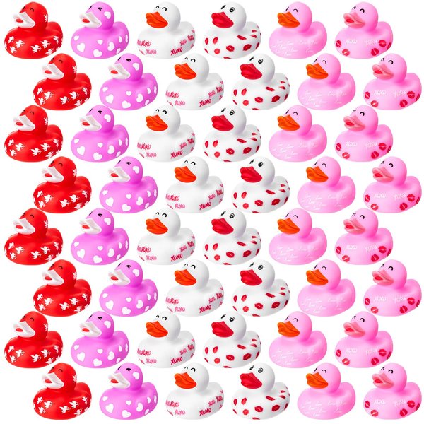 Foilswirl 48 Pcs Valentine Rubber Ducks Baby Showers Accessories 2.2 Inch Heart Valentines Day Duck Mini Duckies Bath Toys for Festival Gifts Party Favor Classroom Goodie Bag Fillers, 6 Styles