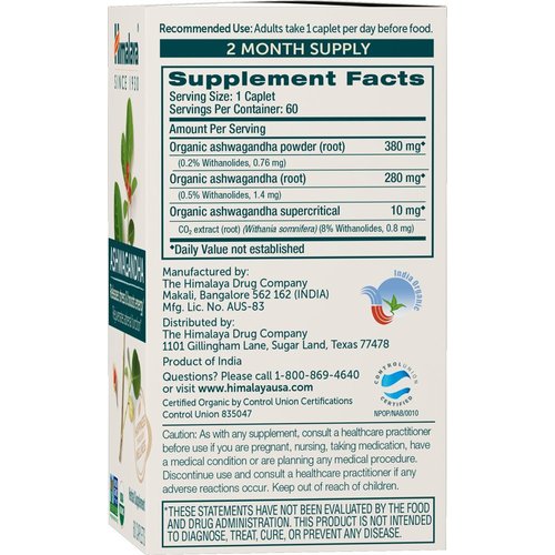 Himalaya Organic Ashwagandha, 120 Day Supply, Herbal Supplement for Stress Relief, Energy Support, Occasional Sleeplessness, USDA Organic, Non-GMO, Vegan, Gluten Free, 670 mg, 60 Caplets, 2 Pack