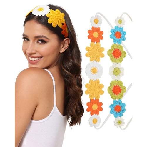 AWAYTR Crochet Headbands for Women Hippie Headband Bandana Tie-Back Knit Headband for Girls Wide Head Bands Floral Crochet Headwrap (Orange + Yellow/Green + Blue)