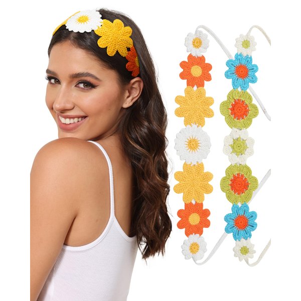 AWAYTR Crochet Headbands for Women Hippie Headband Bandana Tie-Back Knit Headband for Girls Wide Head Bands Floral Crochet Headwrap (Orange + Yellow/Green + Blue)