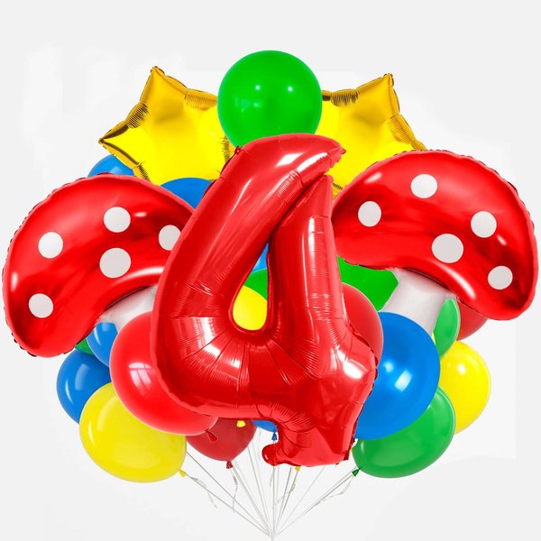 4 Balloon Number Red Blue Green Yellow Balloon Cartoon Mushroom Decorations Star Balloons for Birthday, Carnival, Party Activities, Cartoon Video Game Theme Party Supplies