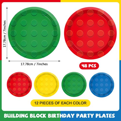 48Pcs Building Block Birthday Party Paper Plates for Building Bricks Themed Party Supplies 7" Colorful Building Block Birthday Party Disposable Plates for Kids Birthday Baby Shower Party Decorations