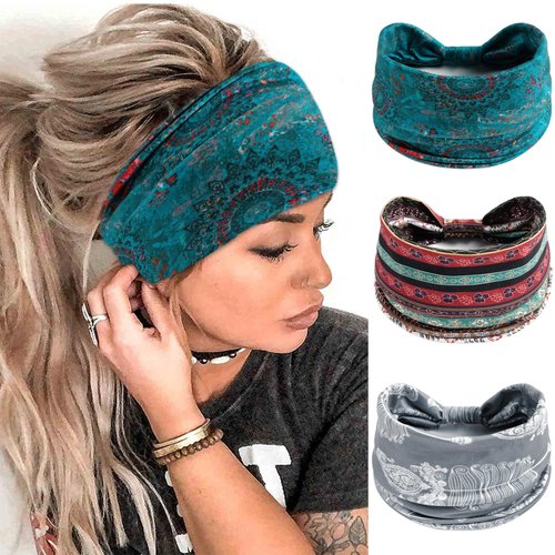 FULZTEY Boho Headbands for Women Wide Head Bands Floral Printed Bandanas Vintage Paisley Turban Stretchy Yoga Workout Hairband African Style Hair Wraps Chic Hair Accessories for Girls 3Pcs