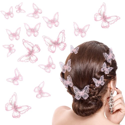 18 Pieces Butterfly Hair Clip, Lace Bows, Embroidery Hair Pins and Accessories for Halloween Cosplaying Women Girls Teens, 2 Sizes (Pink)