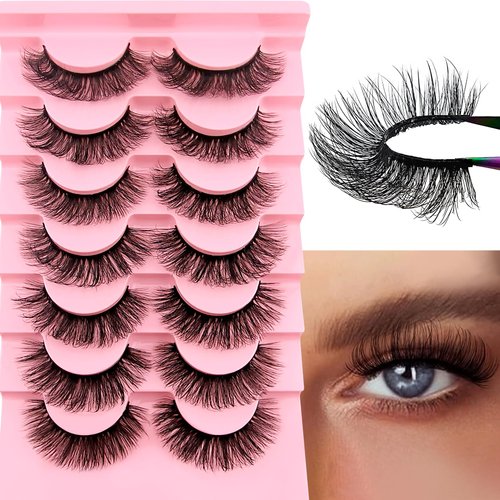 Russian Strip D Curl Lashes, Flu-ffy 17mm Fake Faux Mink Lashes that Look Like Extensions Curly Volume Wispy Eyelashes Natural Look 7 Pairs Pack(7P-E05)