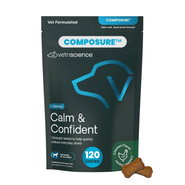 VetriScience Calm & Confident Chews, Composure Clinically Tested Calming Supplement for Dogs, Reduce Stress & Fear, Ideal for Thunderstorms, Fireworks & Travel, Chicken, 120 Count - New Look