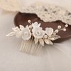 Soulshow New Handmade Ceramic Flower Wedding Hair Accessories Pearl Gold Alloy Leaf Wedding Hair Comb Bridal Hair Accessories Classical Wedding Headpiece for Bride