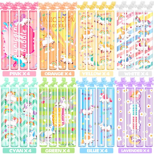 Bubble for Unicorn Party Favors, 32 PCS Mini Bubble Wand for Kid, 8 Colors Bubbles in Bulk for Pastel Party Supplies, Unicorn Birthday Decoration for Girl, Classroom Goody Bag Filler Stuffers