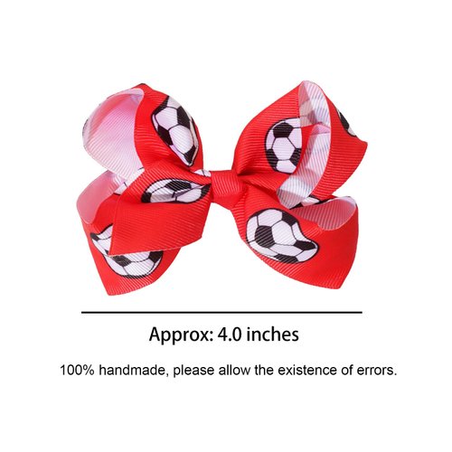 Jeffan 2 Pieces Soccer Hair Clips, 4inch Sports Hair Bow, Grosgrain Ribbon Bow Hair Accessories for Girl Player School Team Football Birthday Party (Red, 2 Count)