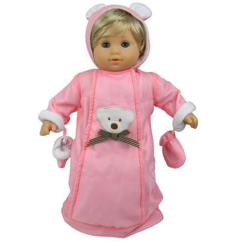 Sophia's Polar Bear Embellished Bunting Snowsuit Sack with Attached Mittens and Hood with Ears for 15 Inch Baby Dolls, Pink